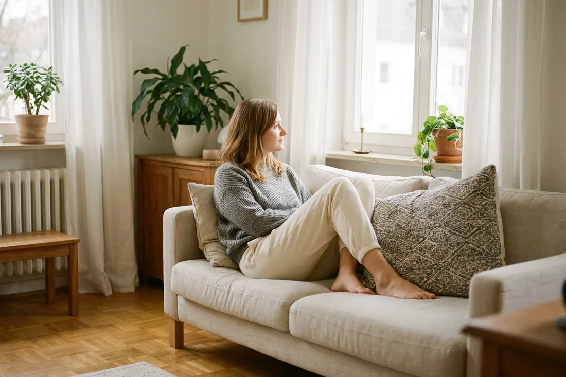 Frau im Wohnzimmer, die Beine auf dem Sofa ausgestreckt